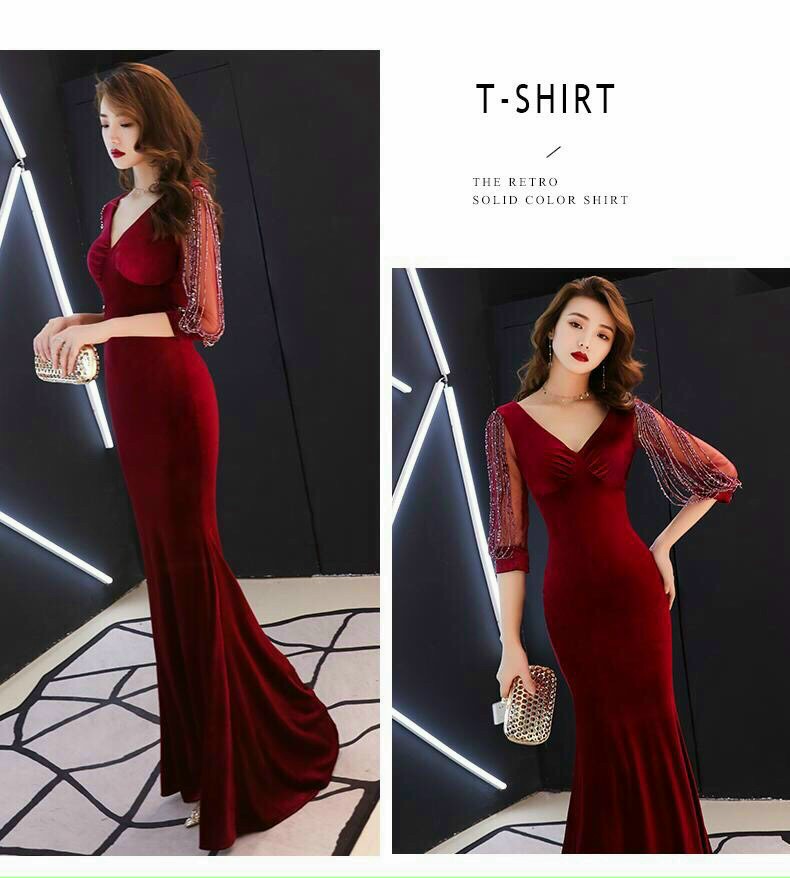 Đầm Dại Hội Nhung Cổ V Tay Đính Hạt  Cao Cấp - HN878